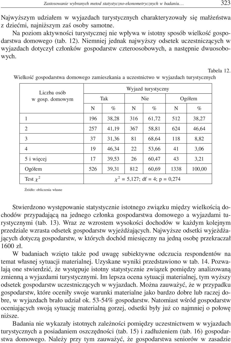 Niemniej jednak najwyższy odsetek uczestniczących w wyjazdach dotyczył członków gospodarstw czteroosobowych, a następnie dwuosobowych. Tabela 12.