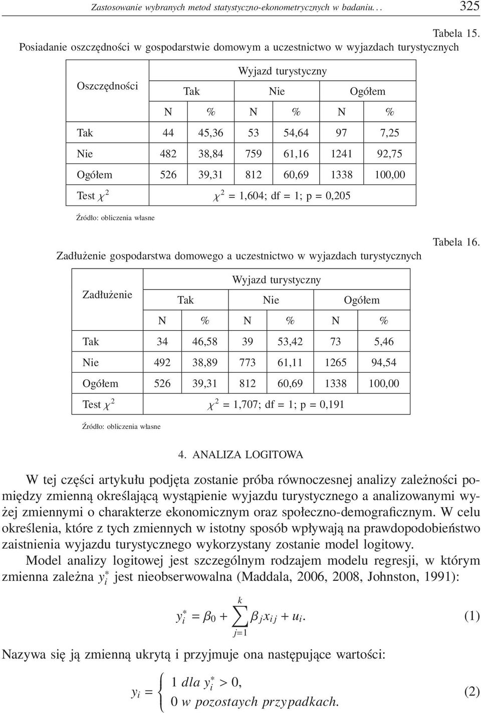 100,00 Test χ 2 χ 2 = 1,604; df = 1; p = 0,205 Zadłużenie gospodarstwa domowego a uczestnictwo w wyjazdach turystycznych Tabela 16.