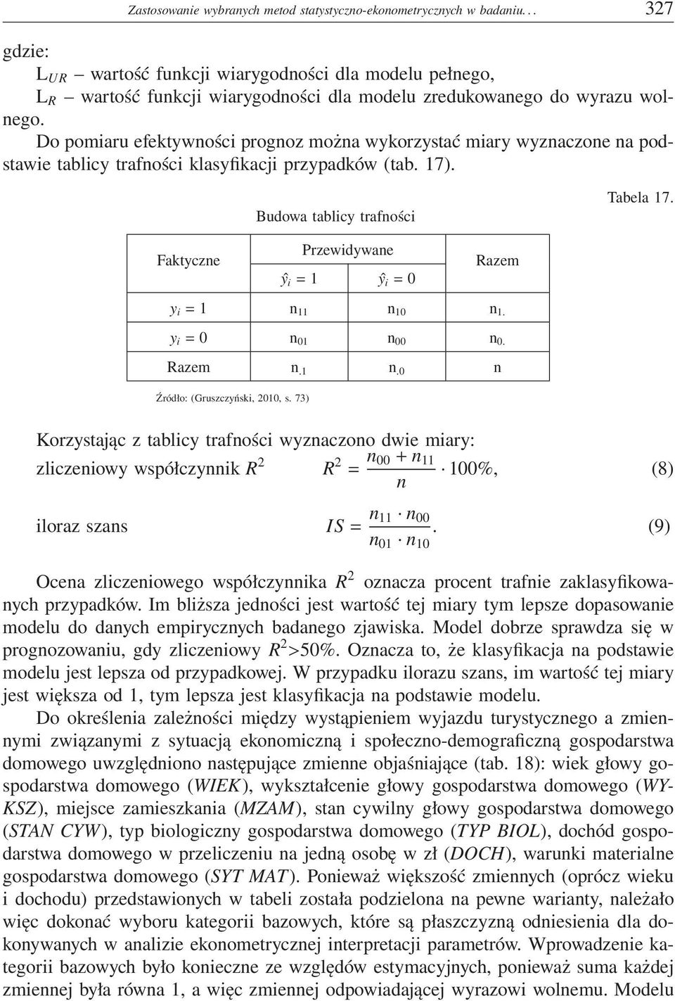 Do pomiaru efektywności prognoz można wykorzystać miary wyznaczone na podstawie tablicy trafności klasyfikacji przypadków (tab. 17). Budowa tablicy trafności Tabela 17.