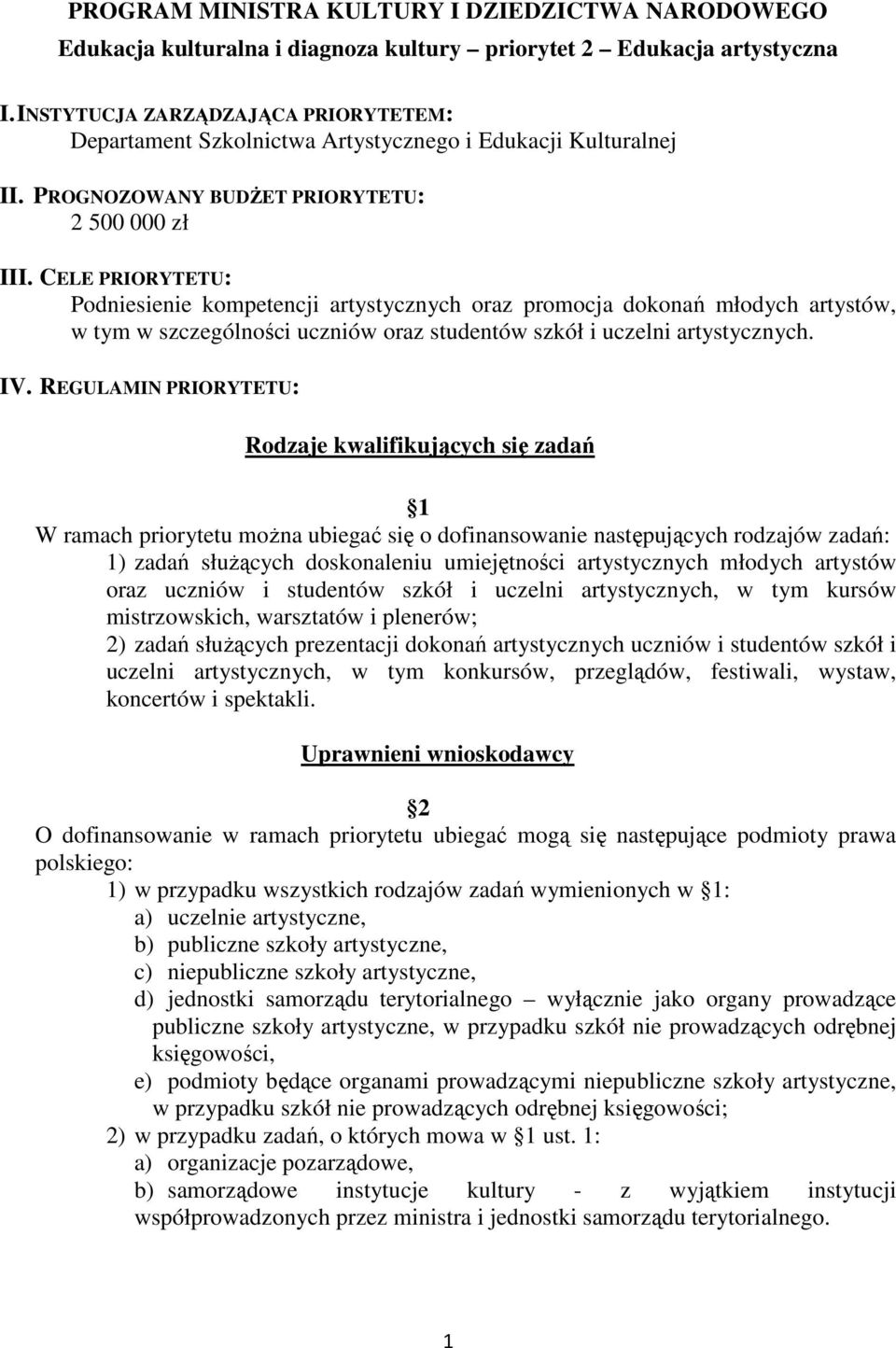 CELE PRIORYTETU: Podniesienie kompetencji artystycznych oraz promocja dokonań młodych artystów, w tym w szczególności uczniów oraz studentów szkół i uczelni artystycznych. IV.
