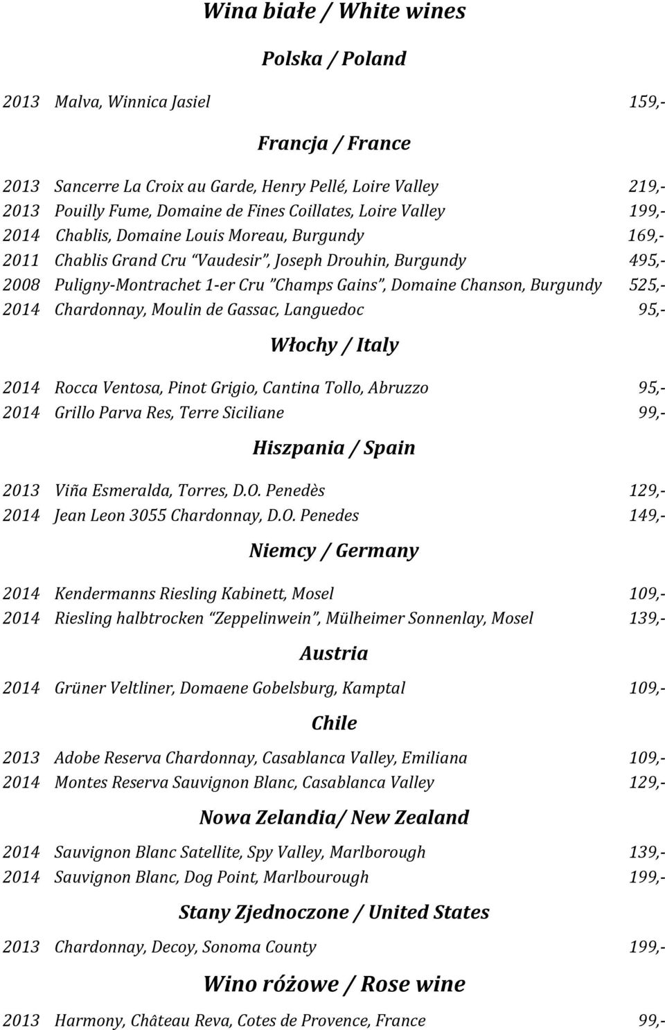 Chanson, Burgundy 525,- 2014 Chardonnay, Moulin de Gassac, Languedoc 95,- Włochy / Italy 2014 Rocca Ventosa, Pinot Grigio, Cantina Tollo, Abruzzo 95,- 2014 Grillo Parva Res, Terre Siciliane 99,-