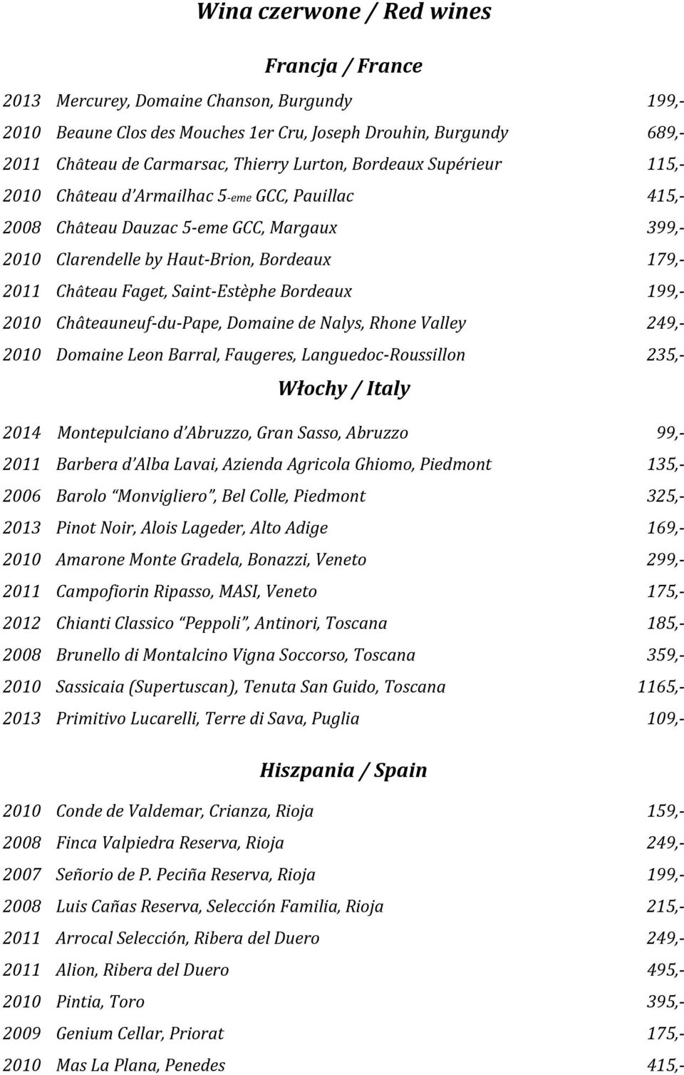 Saint-Estèphe Bordeaux 199,- 2010 Châteauneuf-du-Pape, Domaine de Nalys, Rhone Valley 249,- 2010 Domaine Leon Barral, Faugeres, Languedoc-Roussillon 235,- Włochy / Italy 2014 Montepulciano d Abruzzo,