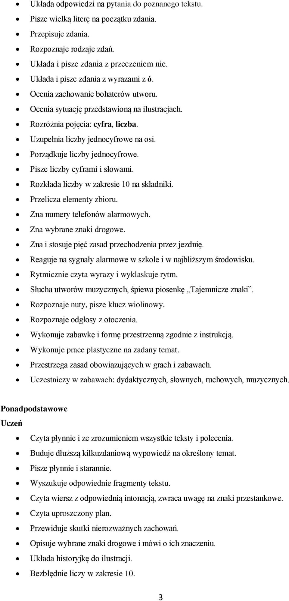 Porządkuje liczby jednocyfrowe. Pisze liczby cyframi i słowami. Rozkłada liczby w zakresie 10 na składniki. Przelicza elementy zbioru. Zna numery telefonów alarmowych. Zna wybrane znaki drogowe.