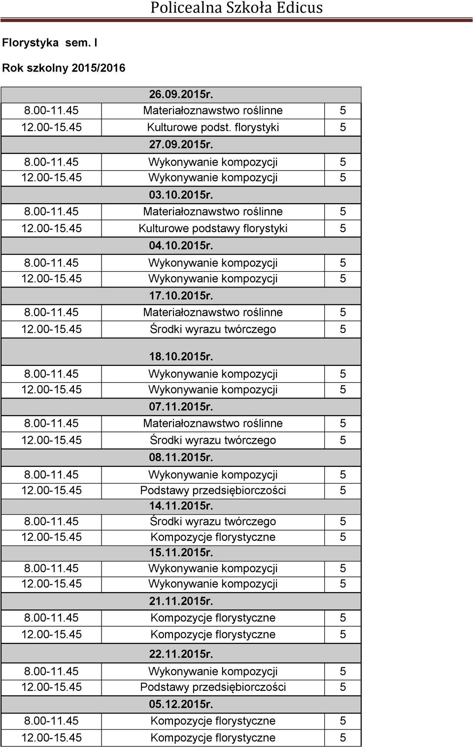 11.2015r. 12.00-15.45 Podstawy przedsiębiorczości 5 14.11.2015r. 8.00-11.45 Środki wyrazu twórczego 5 12.00-15.45 Kompozycje florystyczne 5 15.11.2015r. 12.00-15.45 Wykonywanie kompozycji 5 21.11.2015r. 8.00-11.45 Kompozycje florystyczne 5 12.