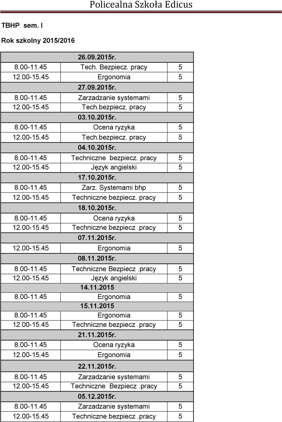 00-15.45 Techniczne bezpiecz. pracy 5 18.10.2015r. 8.00-11.45 Ocena ryzyka 5 12.00-15.45 Techniczne bezpiecz.pracy 5 07.11.2015r. 12.00-15.45 Ergonomia 5 08.11.2015r. 8.00-11.45 Techniczne Bezpiecz.