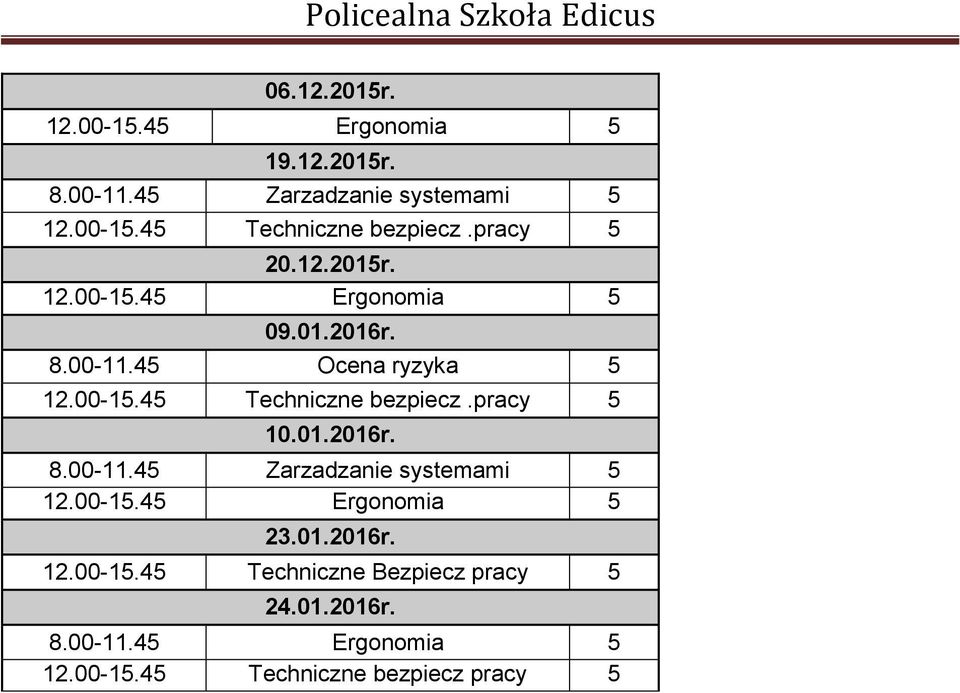 pracy 5 10.01.2016r. 8.00-11.45 Zarzadzanie systemami 5 12.00-15.45 Ergonomia 5 23.01.2016r. 12.00-15.45 Techniczne Bezpiecz pracy 5 24.