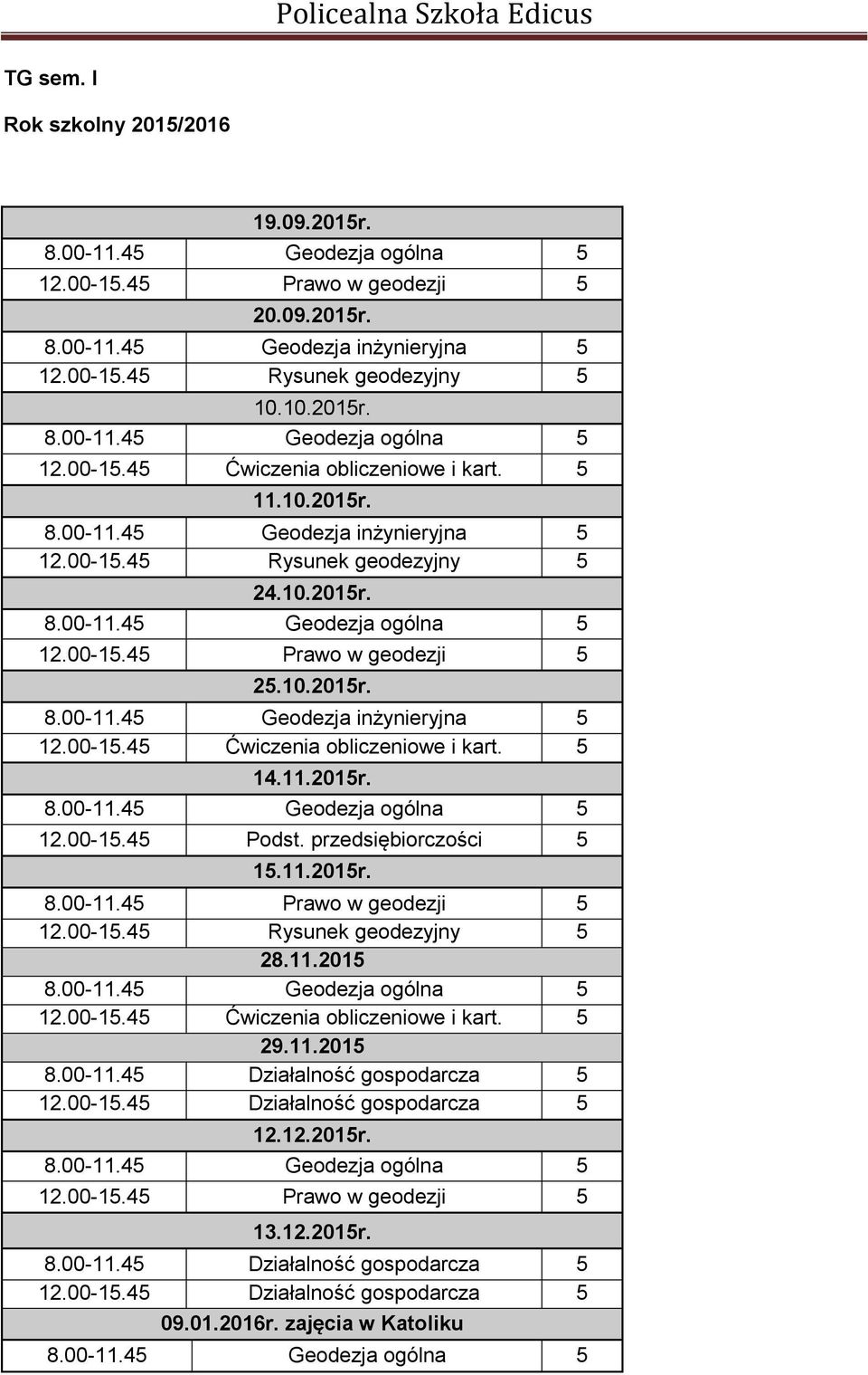 przedsiębiorczości 5 15.11.2015r. 8.00-11.45 Prawo w geodezji 5 12.00-15.45 Rysunek geodezyjny 5 28.11.2015 8.00-11.45 Geodezja ogólna 5 12.00-15.45 Ćwiczenia obliczeniowe i kart. 5 29.11.2015 8.00-11.45 Działalność gospodarcza 5 12.