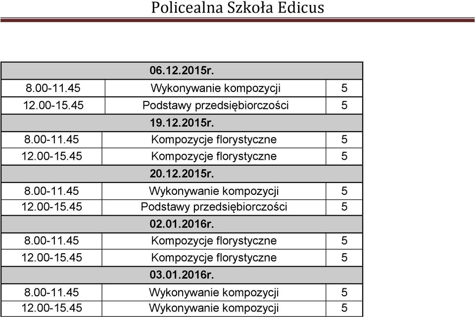 01.2016r. 8.00-11.45 Kompozycje florystyczne 5 12.00-15.