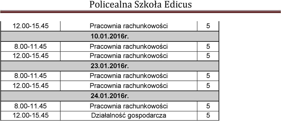 2016r. 8.00-11.45 Pracownia rachunkowości 5 12.00-15.