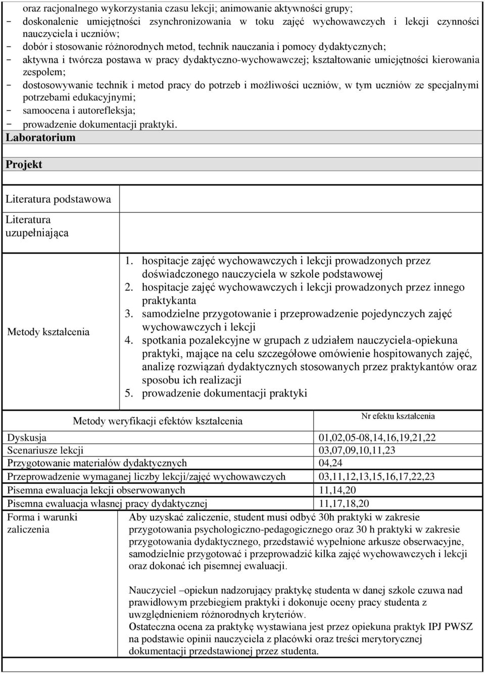 technik i metod pracy do potrzeb i możliwości uczniów, w tym uczniów ze specjalnymi potrzebami edukacyjnymi; samoocena i autorefleksja; prowadzenie dokumentacji praktyki.