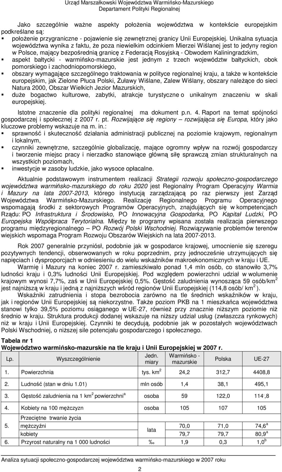 aspekt bałtycki - warmińsko-mazurskie jest jednym z trzech województw bałtyckich, obok pomorskiego i zachodniopomorskiego, obszary wymagające szczególnego traktowania w polityce regionalnej kraju, a