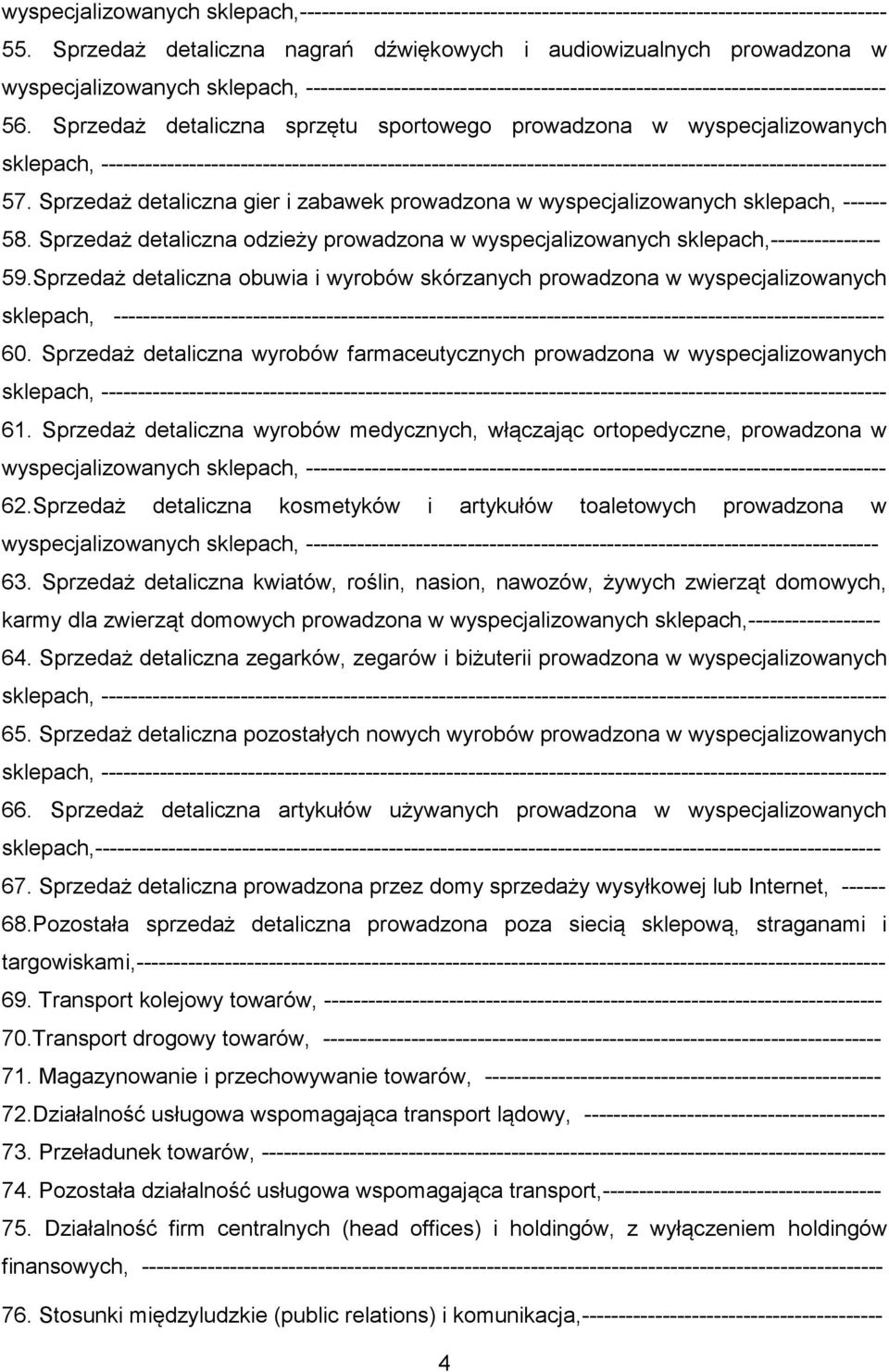 Sprzedaż detaliczna sprzętu sportowego prowadzona w wyspecjalizowanych 57. Sprzedaż detaliczna gier i zabawek prowadzona w wyspecjalizowanych sklepach, ------ 58.