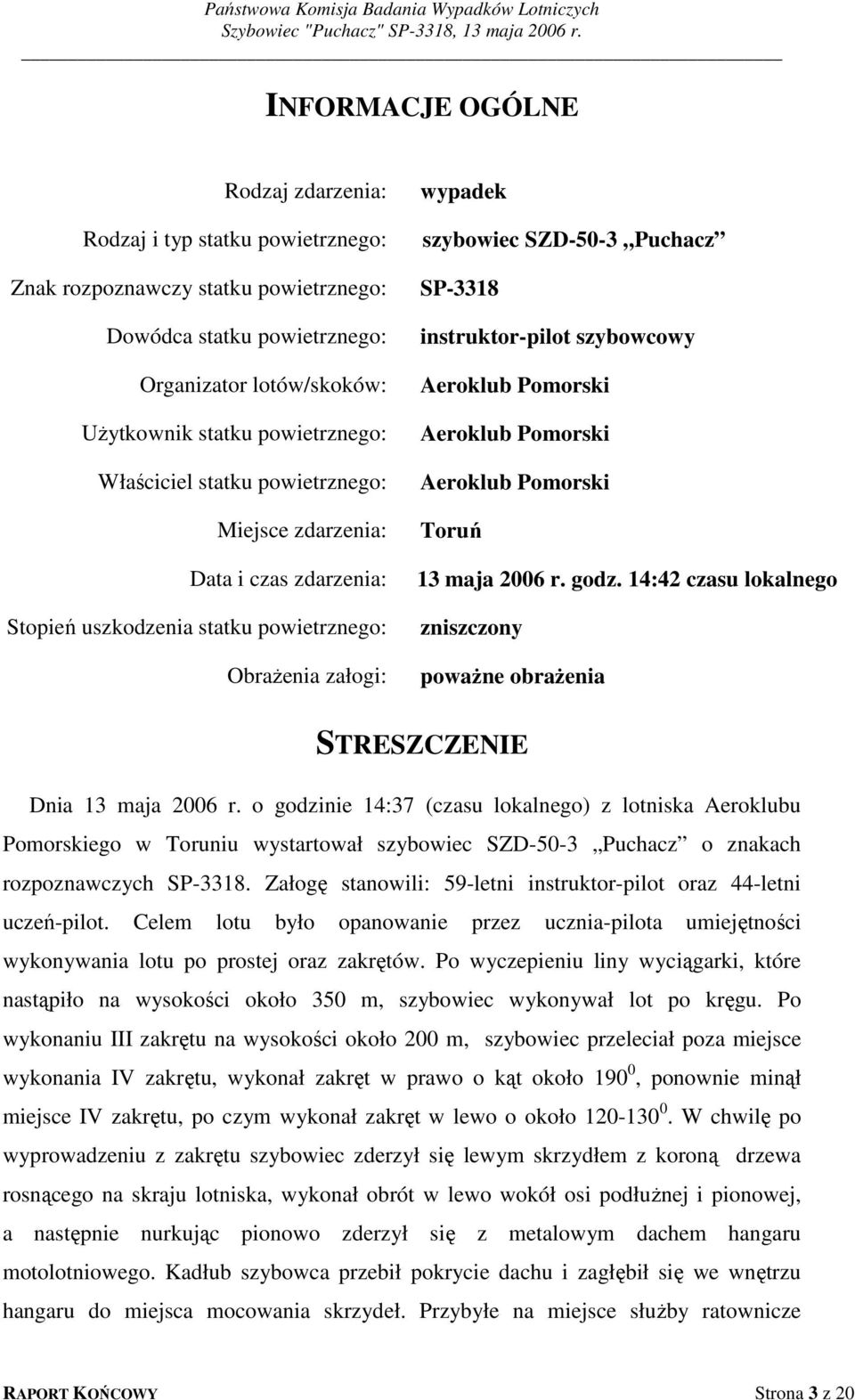 szybowcowy Aeroklub Pomorski Aeroklub Pomorski Aeroklub Pomorski Toruń 13 maja 2006 r. godz. 14:42 czasu lokalnego zniszczony poważne obrażenia STRESZCZENIE Dnia 13 maja 2006 r.