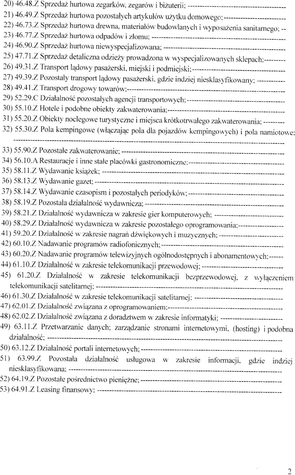 S przeda2 huft owa ni ewyspecj al izowana; 25) 47 '71'ZSprzedaz detaliczna odzie y prowadzona w wyspec.iali:zowanych sklepach; 26) 19.31.2 Transport l4dowy pasazerski, mie.iski podmie.