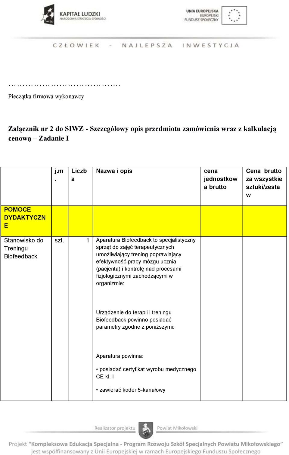 procesami fizjologicznymi zachodzącymi w organizmie: Urządzenie do terapii i treningu Biofeedback powinno posiadać parametry zgodne z poniższymi: Aparatura powinna: