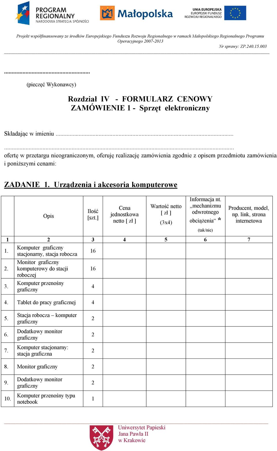 ..... ofertę w przetargu nieograniczonym, oferuję realizację zamówienia zgodnie z opisem przedmiotu zamówienia i poniższymi cenami: ZADANIE.