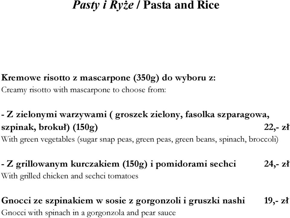 green peas, green beans, spinach, broccoli) - Z grillowanym kurczakiem (150g) i pomidorami sechci 24,- zł With grilled chicken and