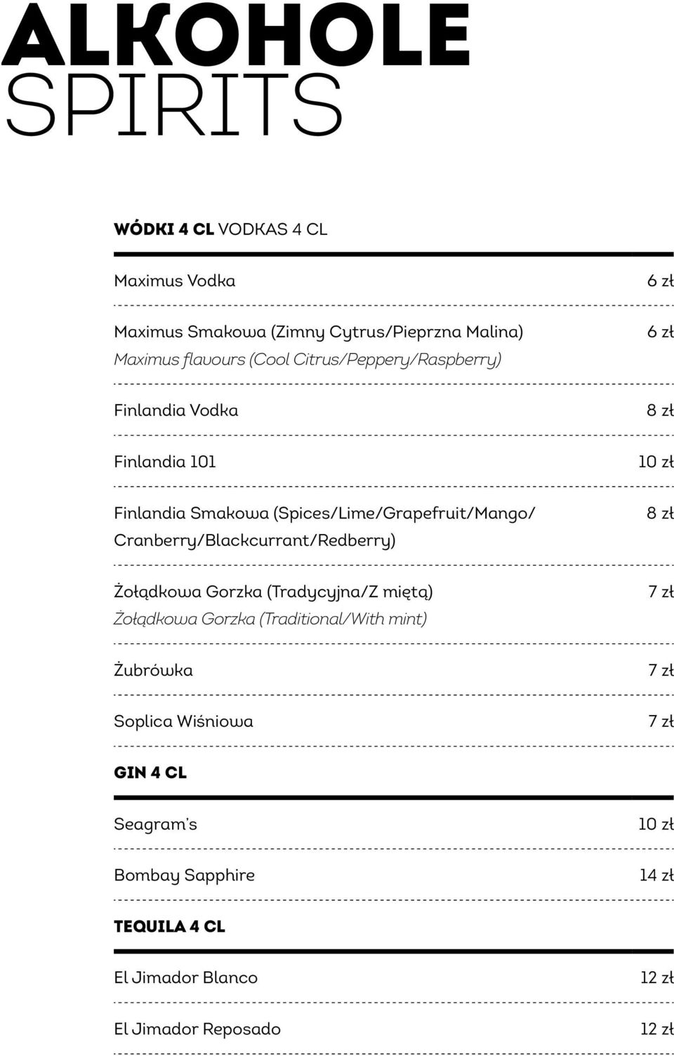 Cranberry/Blackcurrant/Redberry) 8 zł Żołądkowa Gorzka (Tradycyjna/Z miętą) Żołądkowa Gorzka (Traditional/With mint) 7 zł