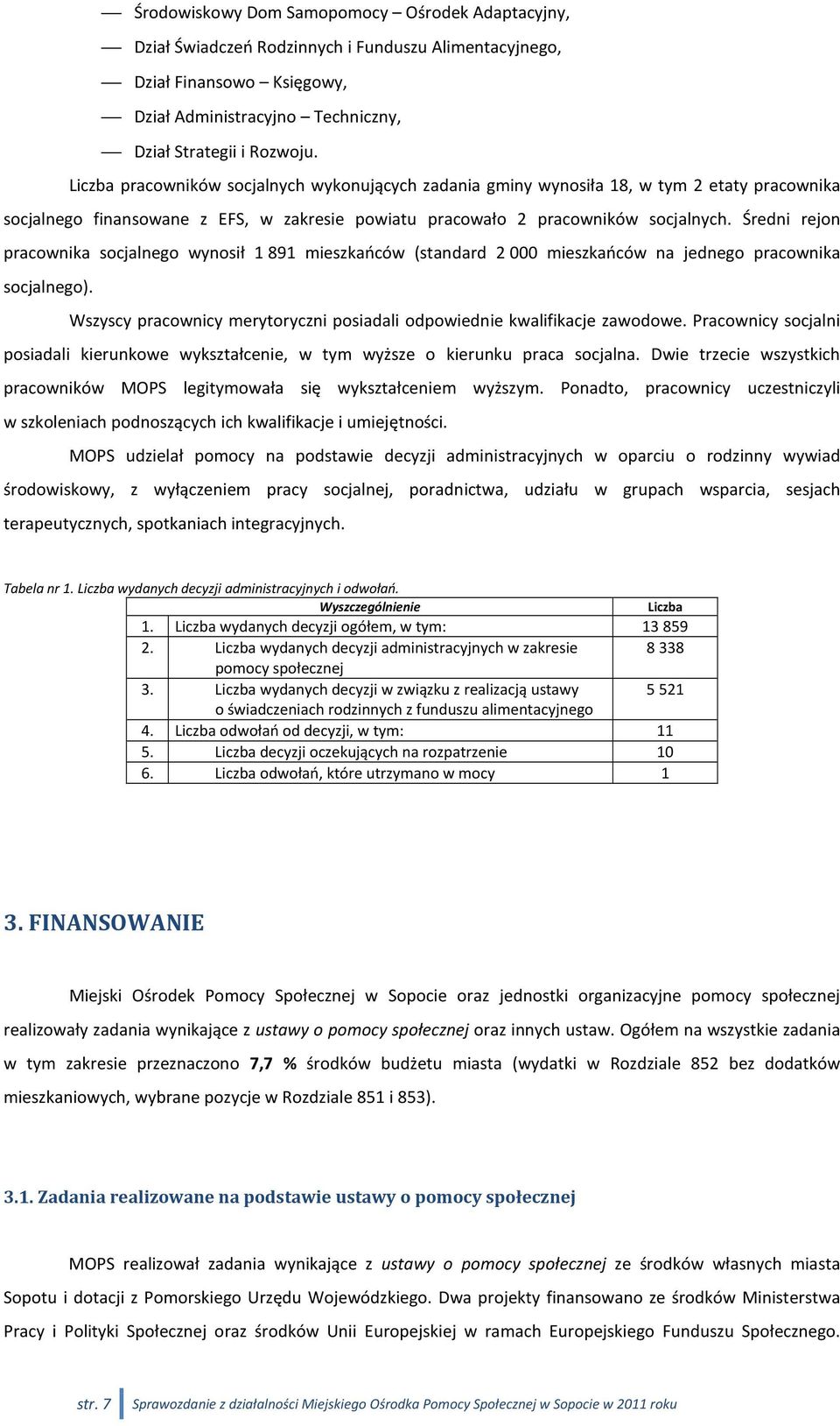 Średni rejon pracownika socjalnego wynosił 1891 mieszkańców (standard 2000 mieszkańców na jednego pracownika socjalnego). Wszyscy pracownicy merytoryczni posiadali odpowiednie kwalifikacje zawodowe.