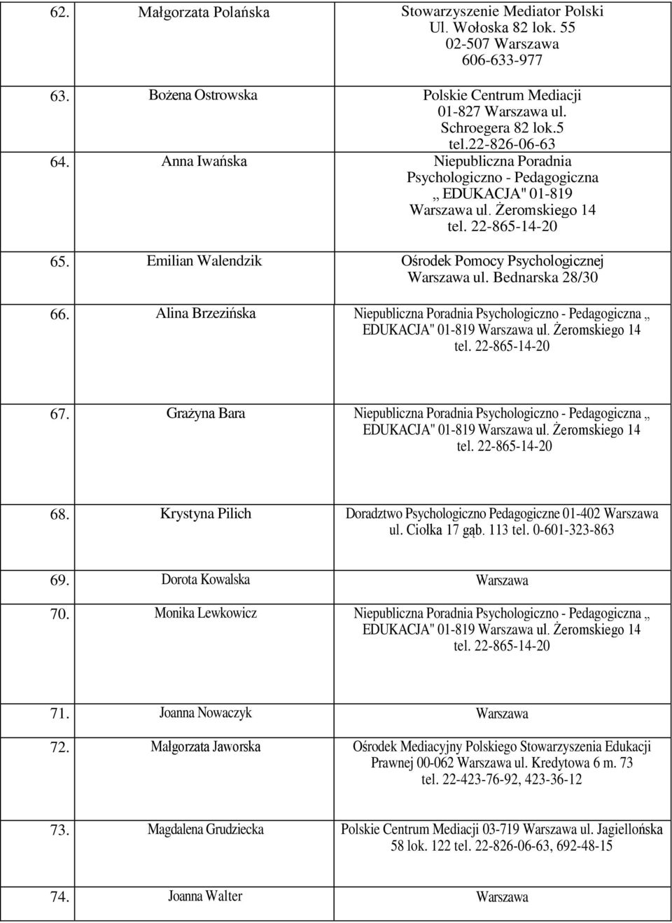 Niepubliczna Poradnia Psychologiczno - Pedagogiczna EDUKACJA" 01-819 ul Żeromskiego 14 tel 22-865-14-20 67 Grażyna Bara Niepubliczna Poradnia Psychologiczno - Pedagogiczna EDUKACJA" 01-819 ul