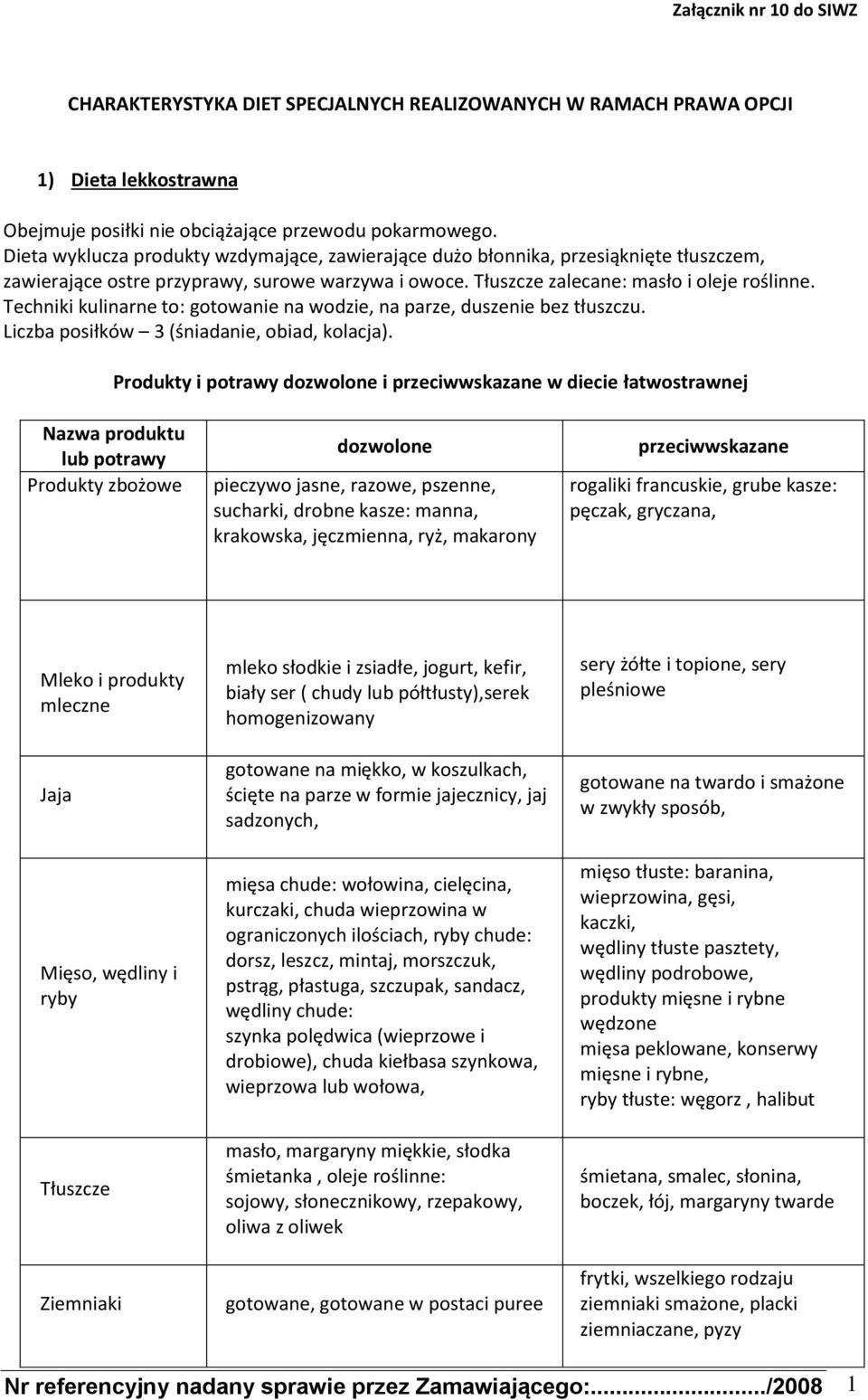 Techniki kulinarne to: gotowanie na wodzie, na parze, duszenie bez tłuszczu. Liczba posiłków 3 (śniadanie, obiad, kolacja).