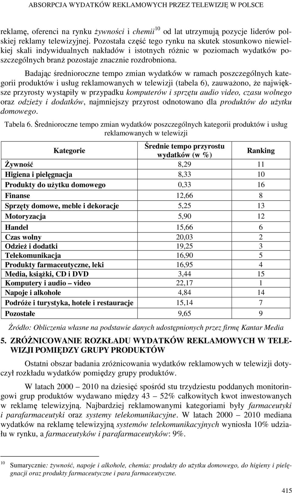 Badając średnioroczne tempo zmian wydatków w ramach poszczególnych kategorii produktów i usług reklamowanych w telewizji (tabela 6), zauważono, że największe przyrosty wystąpiły w przypadku