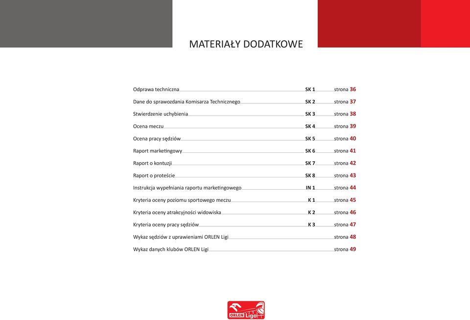 strona 43 Instrukcja wypełniania raportu marketingowego IN 1 strona 44 Kryteria oceny poziomu sportowego meczu K 1 strona 45 Kryteria oceny atrakcyjności