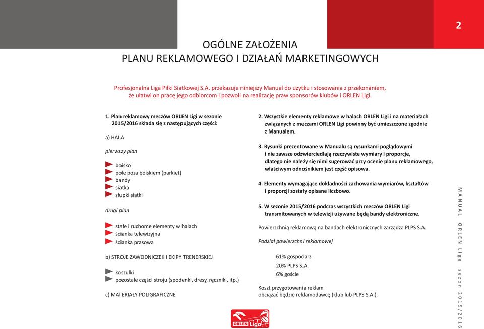 Plan reklamowy meczów ORLEN Ligi w sezonie 2015/2016 składa się z następujących części: a) hala pierwszy plan boisko pole poza boiskiem (parkiet) bandy siatka słupki siatki drugi plan stałe i ruchome