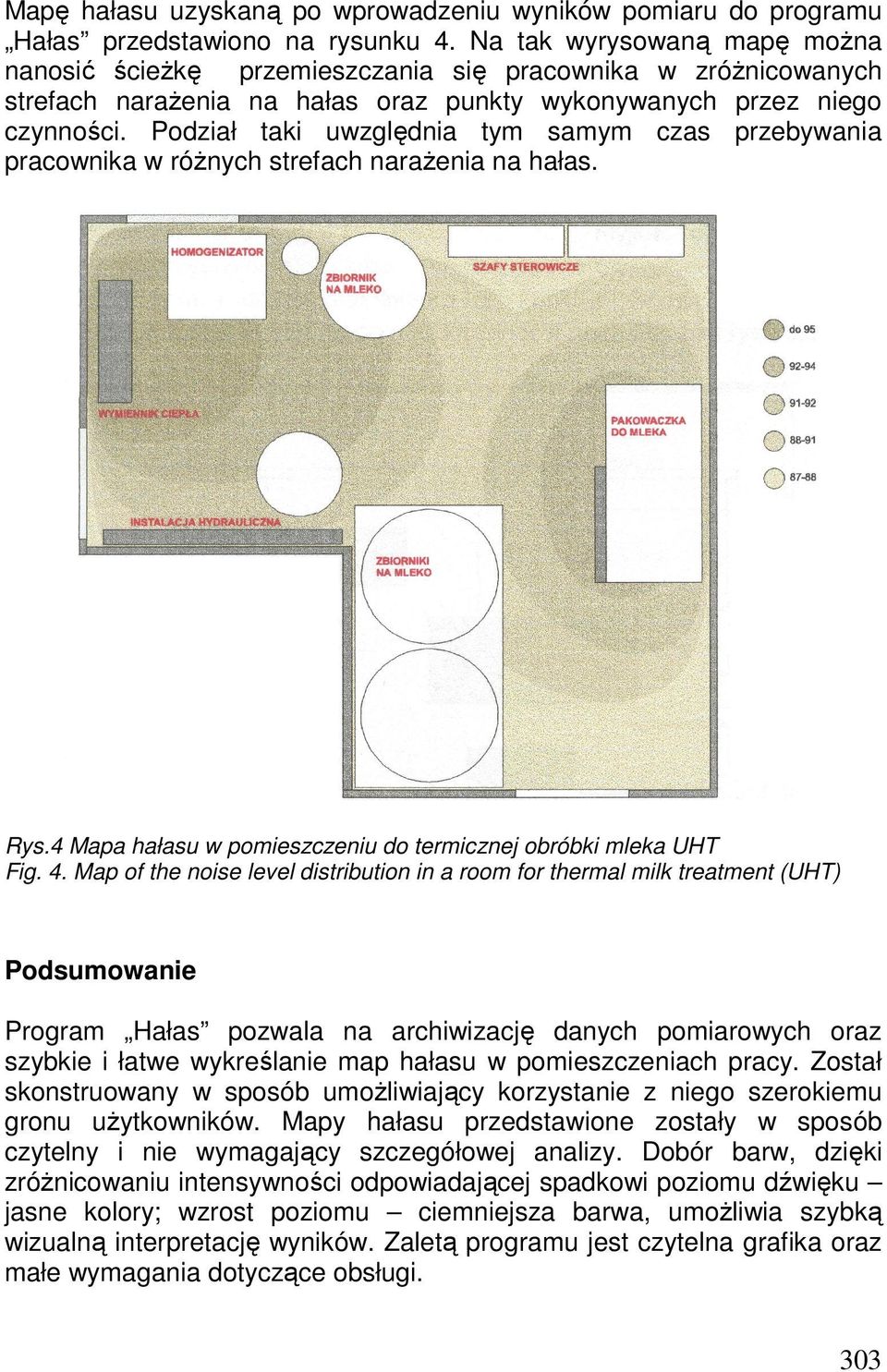 Podział taki uwzględnia tym samym czas przebywania pracownika w róŝnych strefach naraŝenia na hałas. Rys.4 Mapa hałasu w pomieszczeniu do termicznej obróbki mleka UHT Fig. 4.