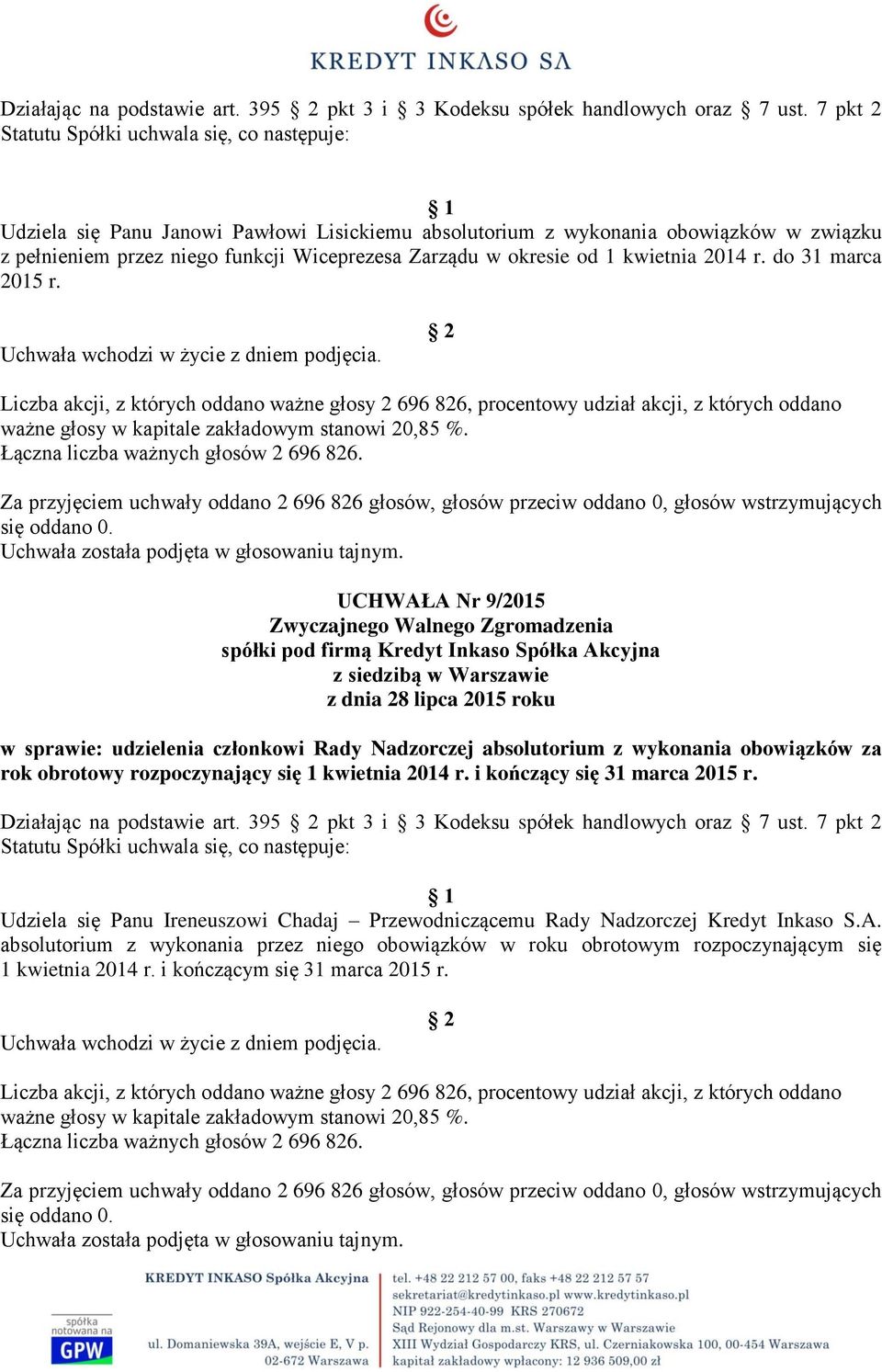 do 31 marca 2015 r. UCHWAŁA Nr 9/2015 w sprawie: udzielenia członkowi Rady Nadzorczej absolutorium z wykonania obowiązków za rok obrotowy rozpoczynający się 1 kwietnia 2014 r.