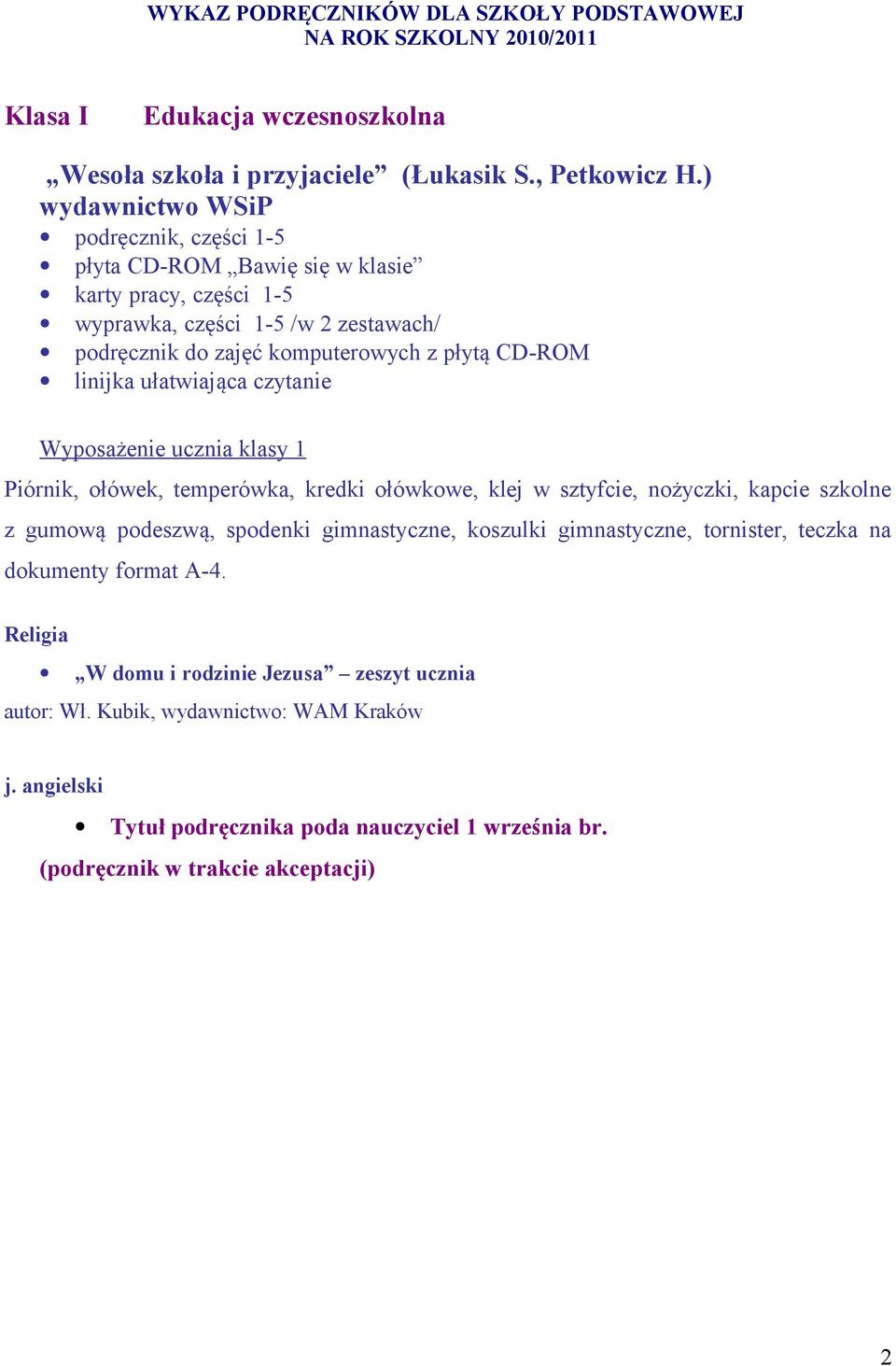 płytą CD-ROM linijka ułatwiająca czytanie Wyposażenie ucznia klasy 1 Piórnik, ołówek, temperówka, kredki ołówkowe, klej w sztyfcie, nożyczki, kapcie szkolne z gumową