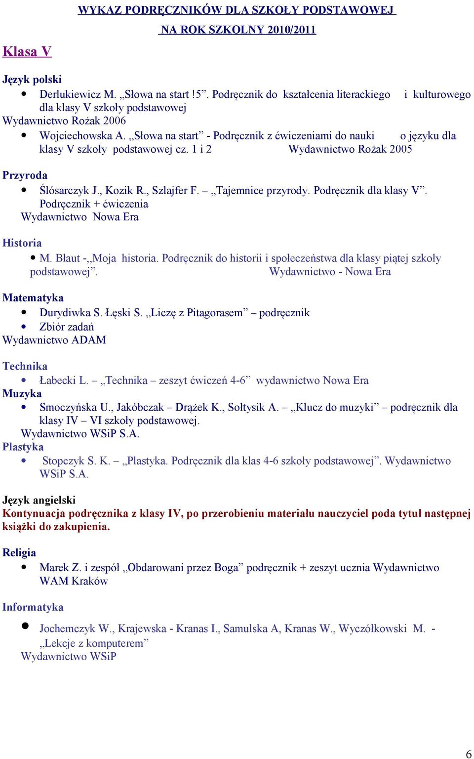 Słowa na start - Podręcznik z ćwiczeniami do nauki o języku dla klasy V szkoły podstawowej cz. 1 i 2 Wydawnictwo Rożak 2005 Przyroda Ślósarczyk J., Kozik R., Szlajfer F. Tajemnice przyrody.