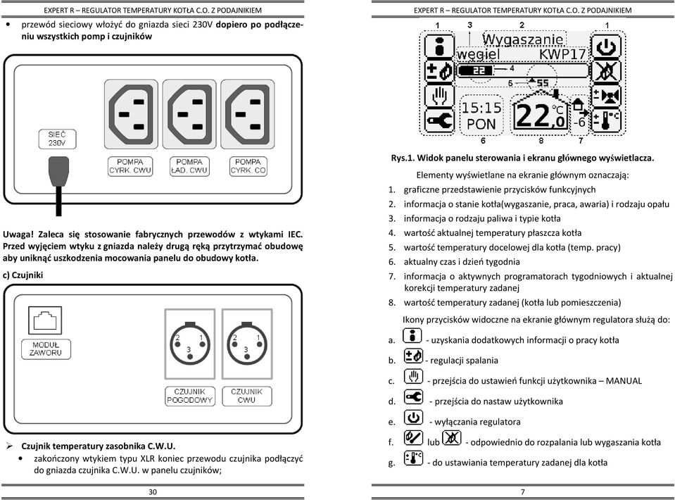 c) Czujniki Elementy wyświetlane na ekranie głównym oznaczają: 1. graficzne przedstawienie przycisków funkcyjnych 2. informacja o stanie kotła(wygaszanie, praca, awaria) i rodzaju opału 3.