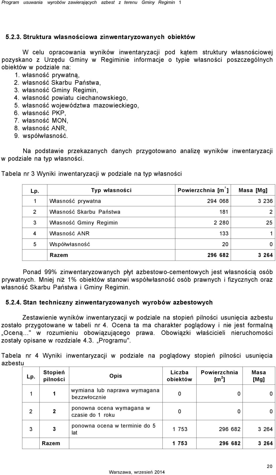 poszczególnych obiektów w podziale na: 1. własność prywatną, 2. własność Skarbu Państwa, 3. własność Gminy Regimin, 4. własność powiatu ciechanowskiego, 5. własność województwa mazowieckiego, 6.