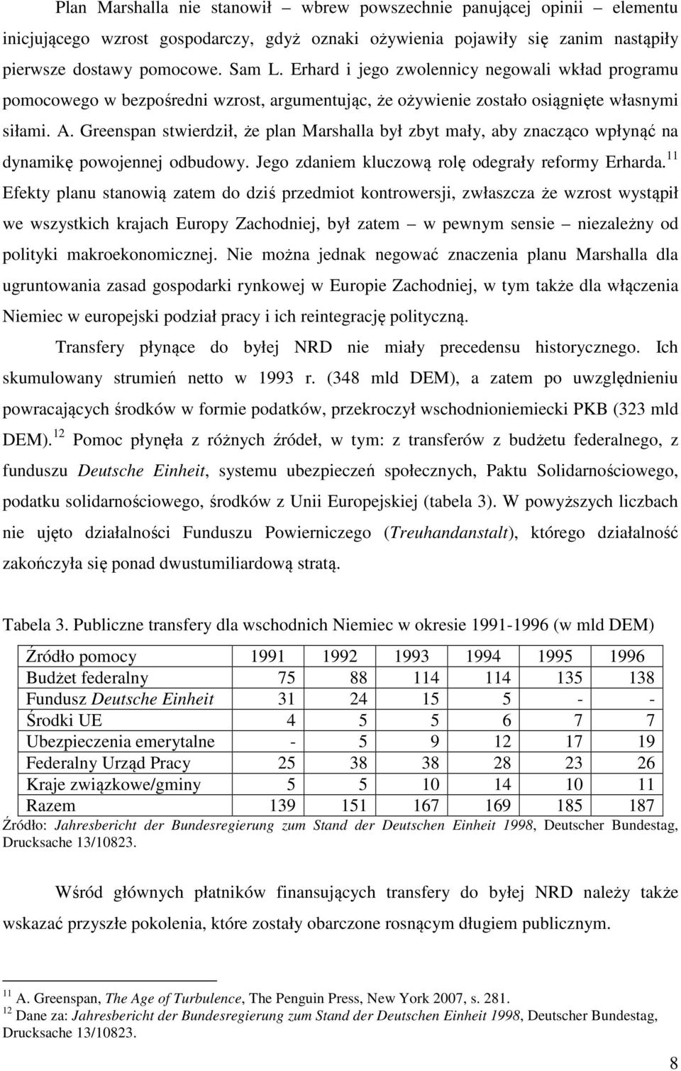 Greenspan stwierdził, że plan Marshalla był zbyt mały, aby znacząco wpłynąć na dynamikę powojennej odbudowy. Jego zdaniem kluczową rolę odegrały reformy Erharda.