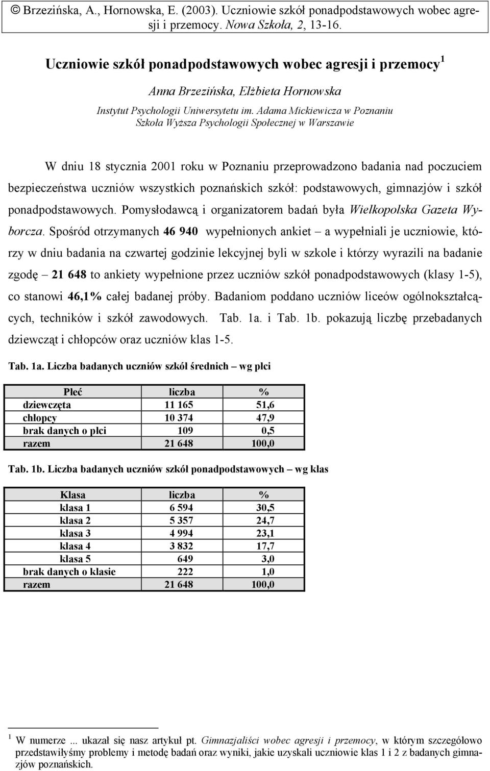 Adama Mickiewicza w Poznaniu Szkoła Wyższa Psychologii Społecznej w Warszawie W dniu 18 stycznia 2001 roku w Poznaniu przeprowadzono badania nad poczuciem bezpieczeństwa uczniów wszystkich