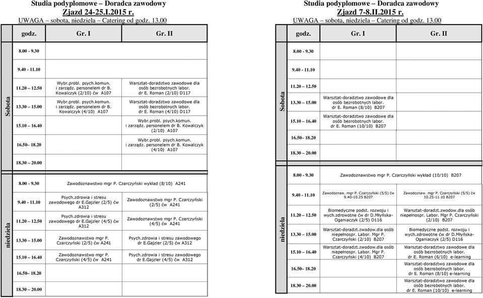 Gajzler (2/5) ćw A312 Psych.zdrowia i stresu zawodowego dr E.Gajzler (4/5) ćw A312 Zawodoznawstwo mgr P. Czarczyński (2/5) ćw A241 Zawodoznawstwo mgr P. Czarczyński (4/5) ćw A241 Zawodoznawstwo mgr P.