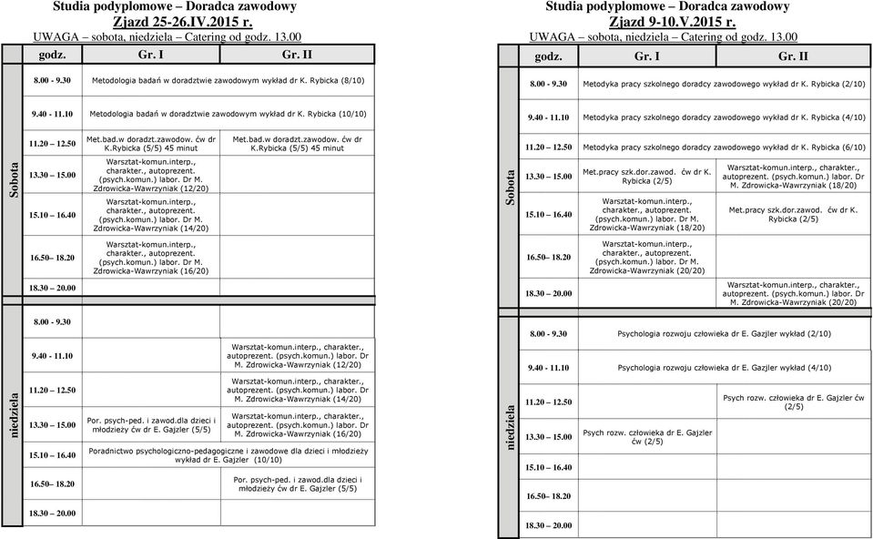 Rybicka (5/5) 45 minut Metodyka pracy szkolnego doradcy zawodowego wykład dr K. Rybicka (6/10) Zdrowicka-Wawrzyniak (12/20) Rybicka (2/5) M.