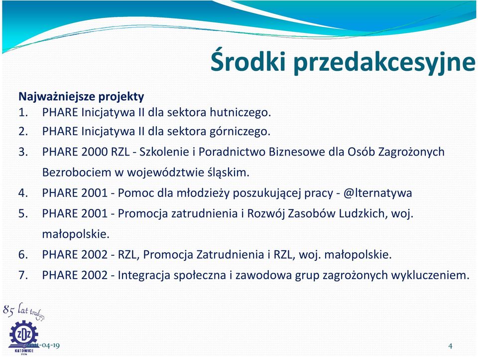 PHARE 2000 RZL -Szkolenie i Poradnictwo Biznesowe dla Osób Zagrożonych Bezrobociem w województwie śląskim. 4.