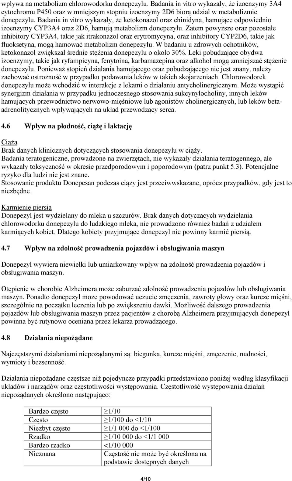 Zatem powyższe oraz pozostałe inhibitory CYP3A4, takie jak itrakonazol oraz erytromycyna, oraz inhibitory CYP2D6, takie jak fluoksetyna, mogą hamować metabolizm donepezylu.