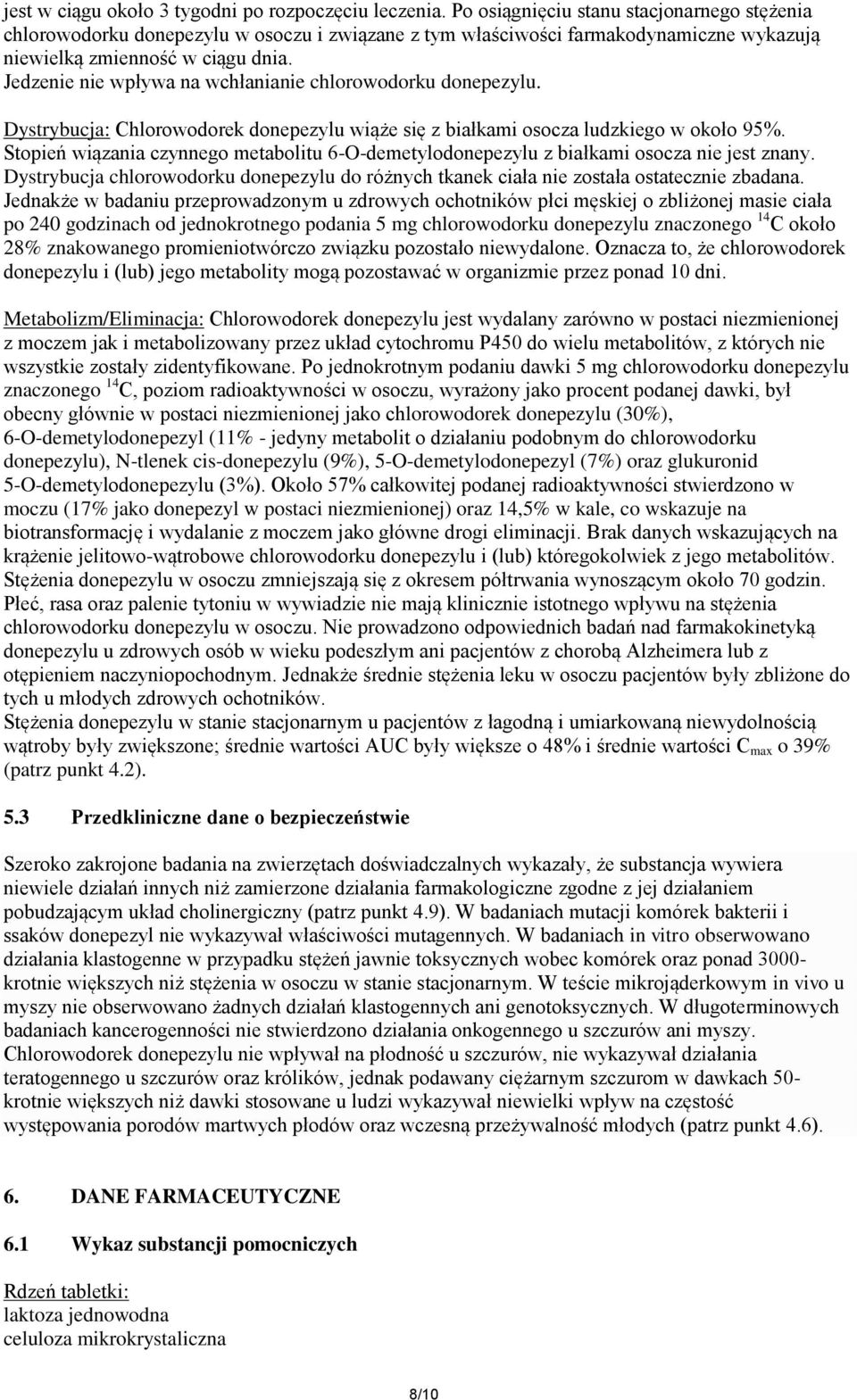 Jedzenie nie wpływa na wchłanianie chlorowodorku donepezylu. Dystrybucja: Chlorowodorek donepezylu wiąże się z białkami osocza ludzkiego w około 95%.