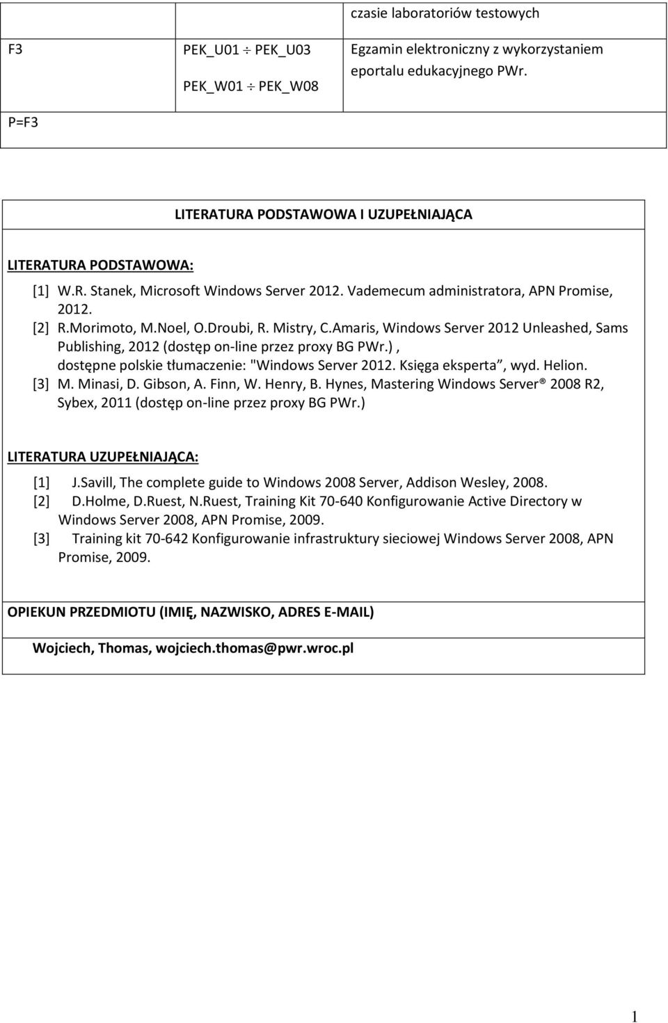 Amaris, Windows Server 0 Unleashed, Sams Publishing, 0 (dostęp on-line przez proxy BG PWr.), dostępne polskie tłumaczenie: "Windows Server 0. Księga eksperta, wyd. Helion. [3] M. Minasi, D. Gibson, A.