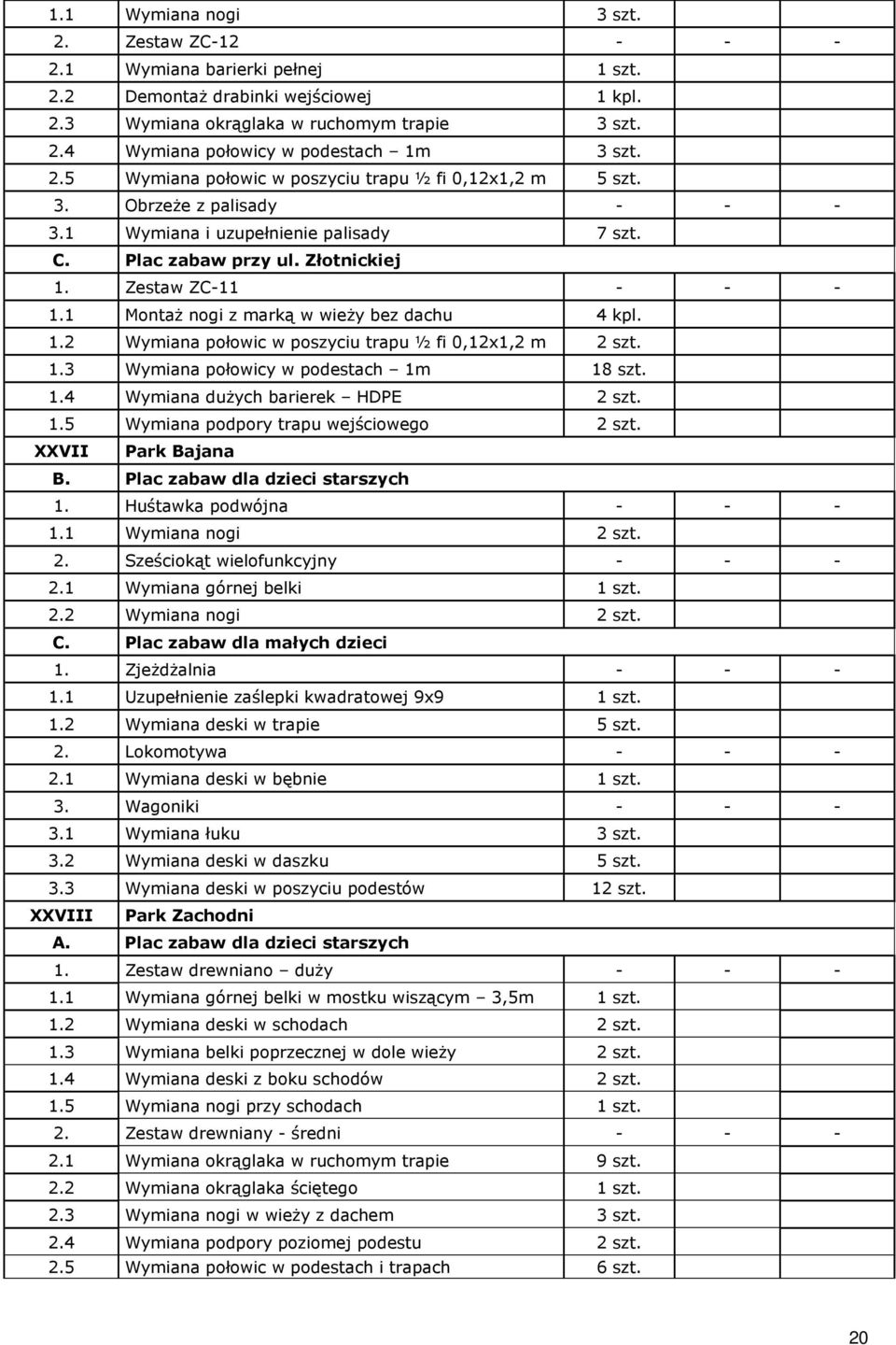 1 Montaż nogi z marką w wieży bez dachu 4 kpl. 1.2 Wymiana połowic w poszyciu trapu ½ fi 0,12x1,2 m 2 szt. 1.3 Wymiana połowicy w podestach 1m 18 szt. 1.4 Wymiana dużych barierek HDPE 2 szt. 1.5 Wymiana podpory trapu wejściowego 2 szt.