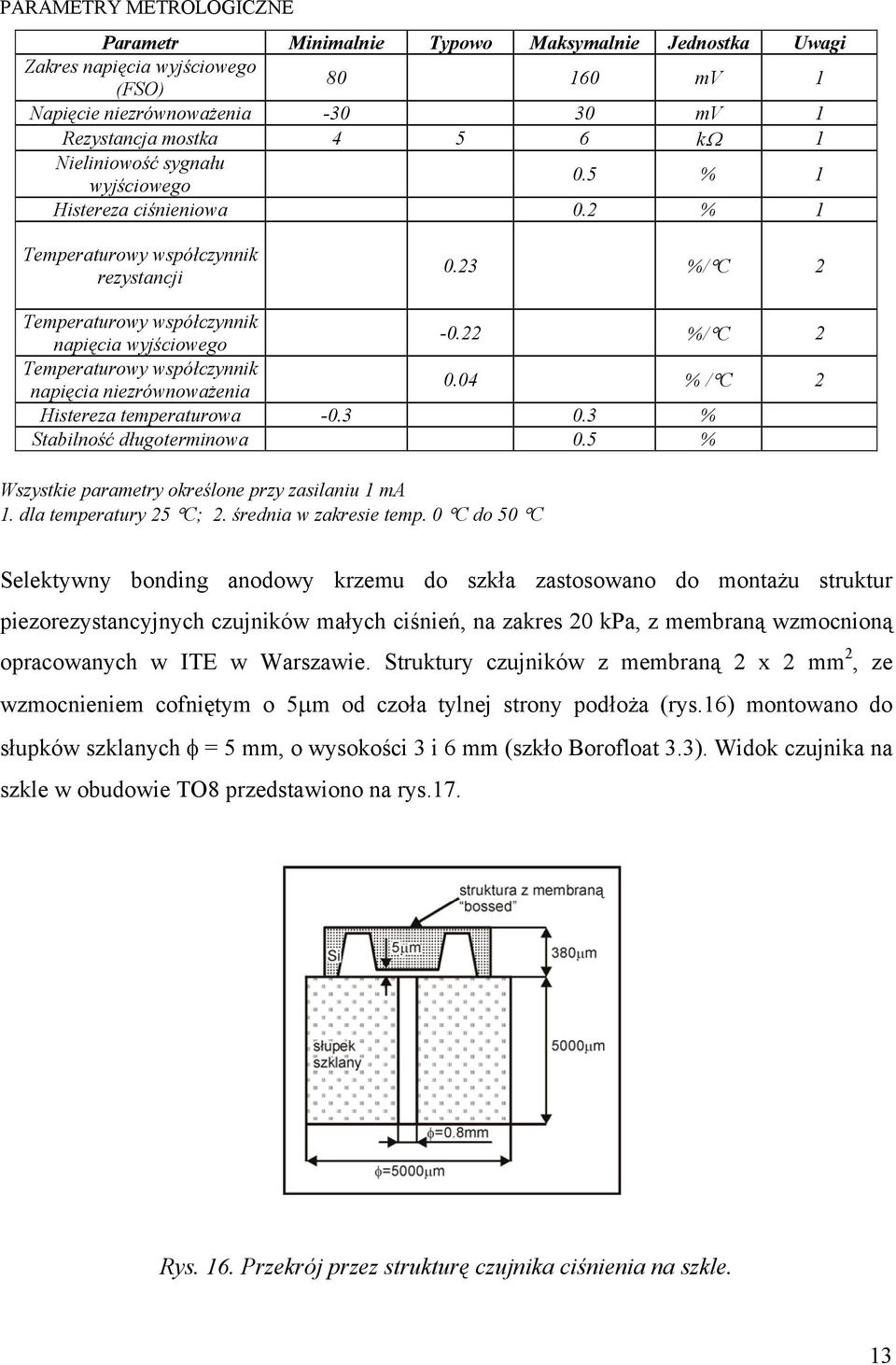 22 %/ C 2 Temperaturowy współczynnik napięcia niezrównoważenia 0.04 % / C 2 Histereza temperaturowa -0.3 0.3 % Stabilność długoterminowa 0.5 % Wszystkie parametry określone przy zasilaniu 1 ma 1.