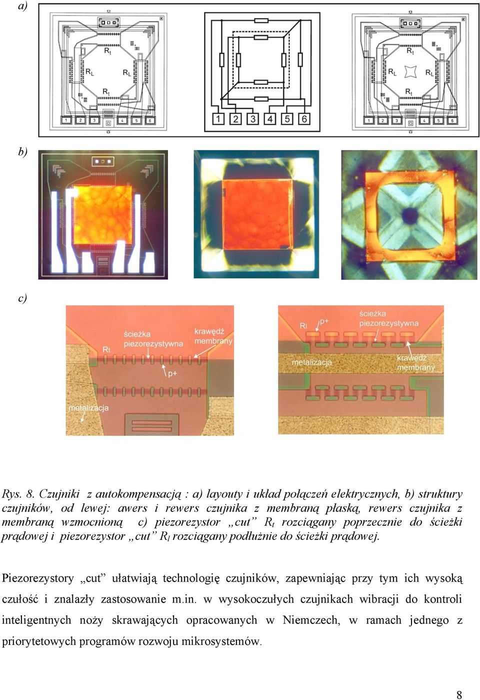 czujnika z membraną wzmocnioną c) piezorezystor cut R t rozciągany poprzecznie do ścieżki prądowej i piezorezystor cut R l rozciągany podłużnie do ścieżki