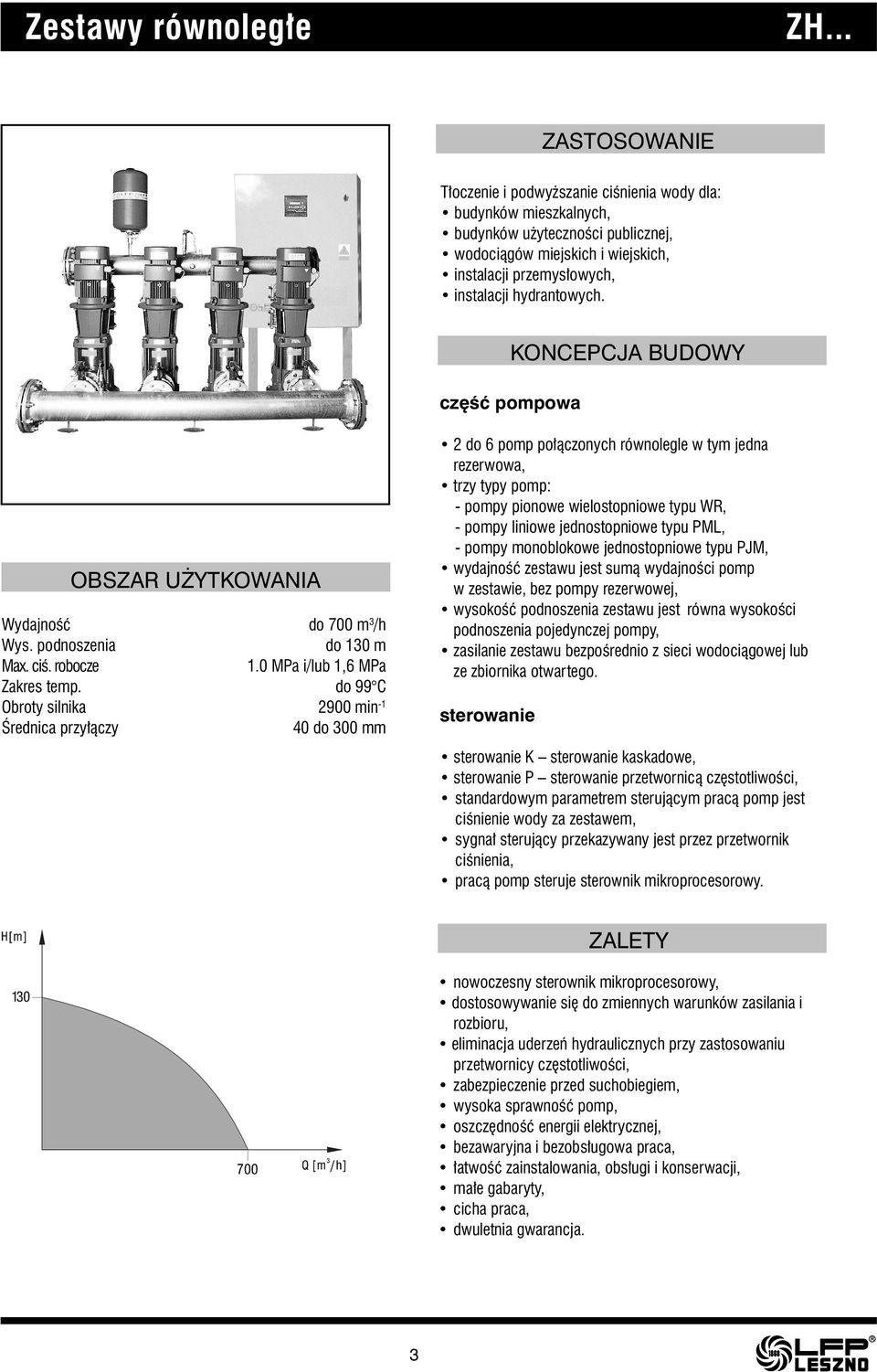 KONCEPCJA BUDOWY część pompowa OBSZAR UŻYTKOWANIA Wydajność do 700 m 3 /h Wys. podnoszenia do 130 m Max. ciś. robocze 1.0 MPa i/lub 1,6 MPa Zakres temp.