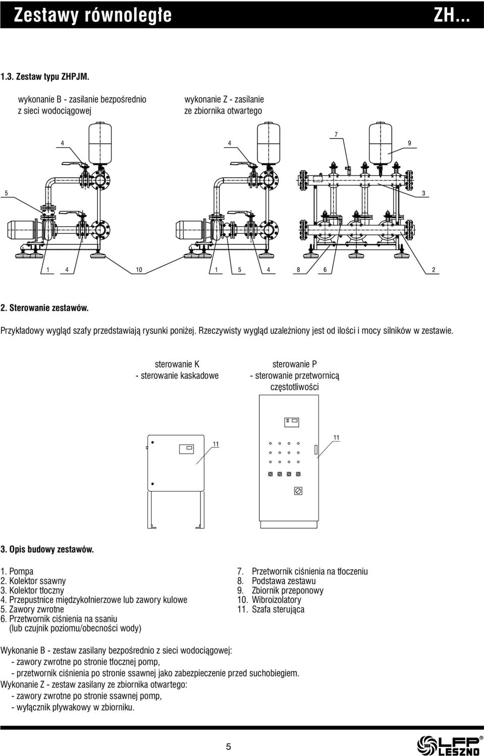sterowanie K - sterowanie kaskadowe sterowanie P - sterowanie przetwornicą częstotliwości 3. Opis budowy zestawów. 1. Pompa 2. Kolektor ssawny 3. Kolektor tłoczny 4.