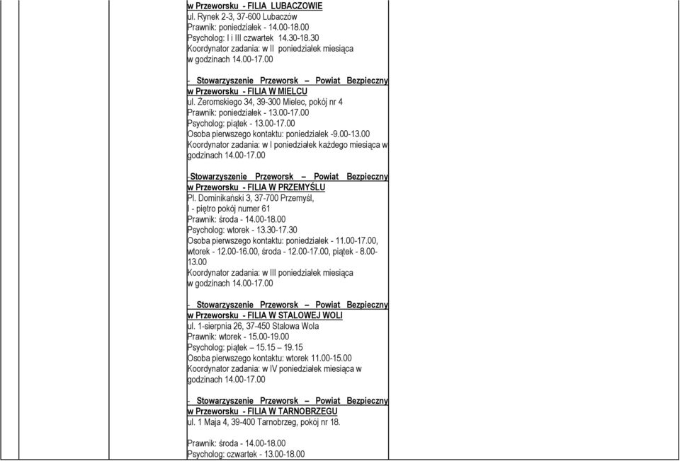 Żeromskiego 34, 39-300 Mielec, pokój nr 4 Prawnik: poniedziałek - 13.00-17.00 Psycholog: piątek - 13.00-17.00 Osoba pierwszego kontaktu: poniedziałek -9.00-13.