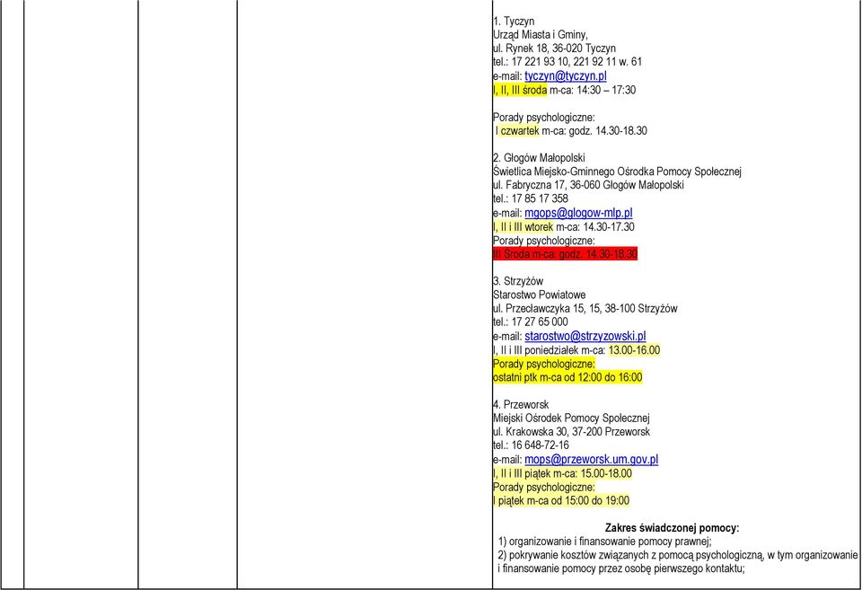 Fabryczna 17, 36-060 Głogów Małopolski tel.: 17 85 17 358 e-mail: mgops@glogow-mlp.pl I, II i III wtorek m-ca: 14.30-17.30 Porady psychologiczne: III Środa m-ca: godz. 14.30-18.30 3.