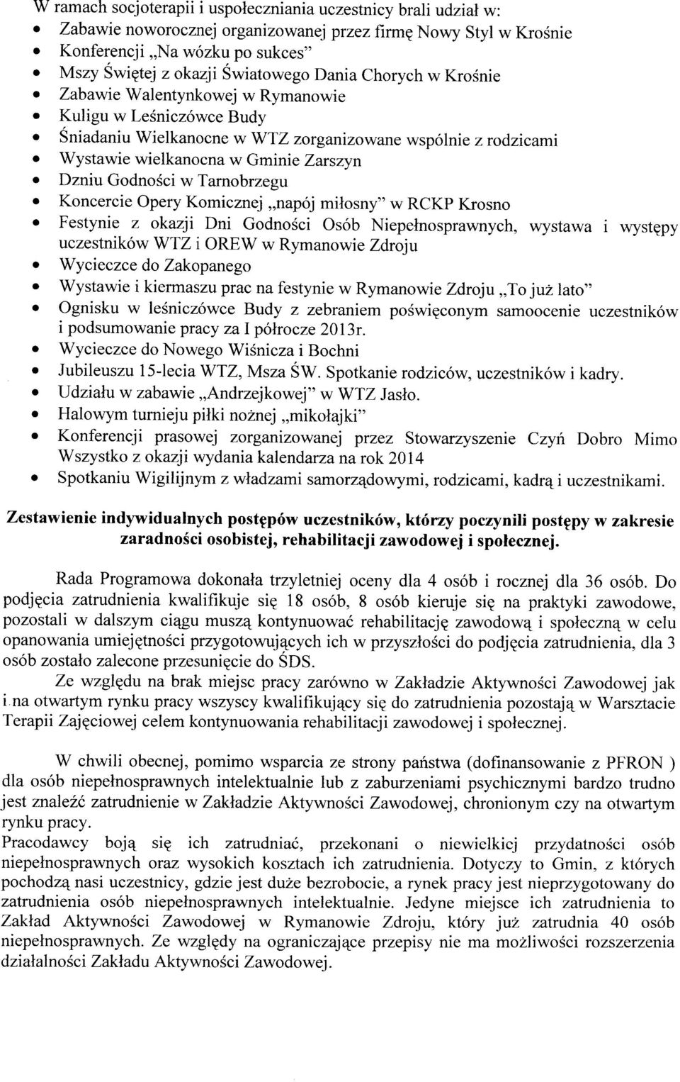 w Tarnobrzegu Koncercie Opery Komicznej napój miłosny" w RCKP Krosno Festynie z okazji Dni Godności Osób Niepełnosprawnych, wystawa występy uczestników WTZ i OREW w Rymanowie Zdroju Wycieczce do